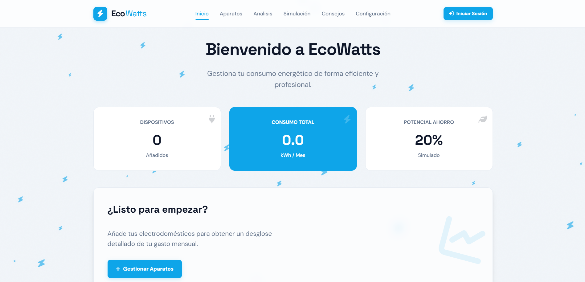 Captura de la aplicación móvil EcoWatts con interfaz oscura, mostrando un gráfico circular y métricas de consumo energético