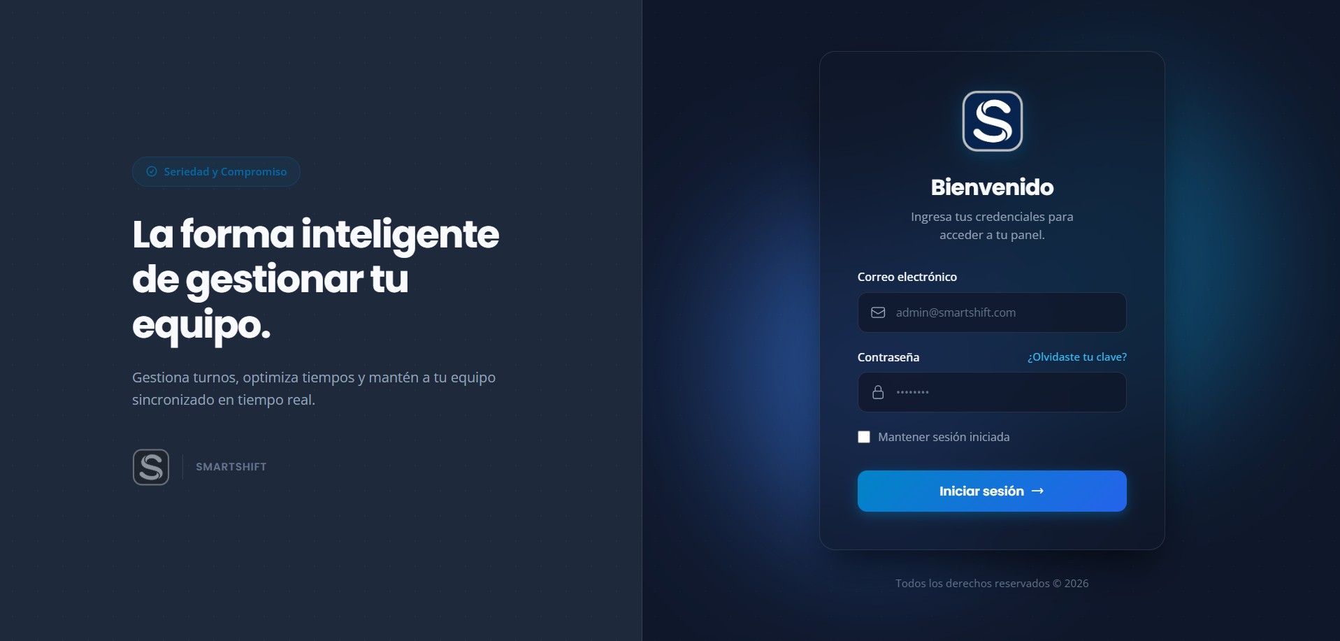 Captura de pantalla de la interfaz del sistema web SmartShift, mostrando el panel de administración de turnos de empleados