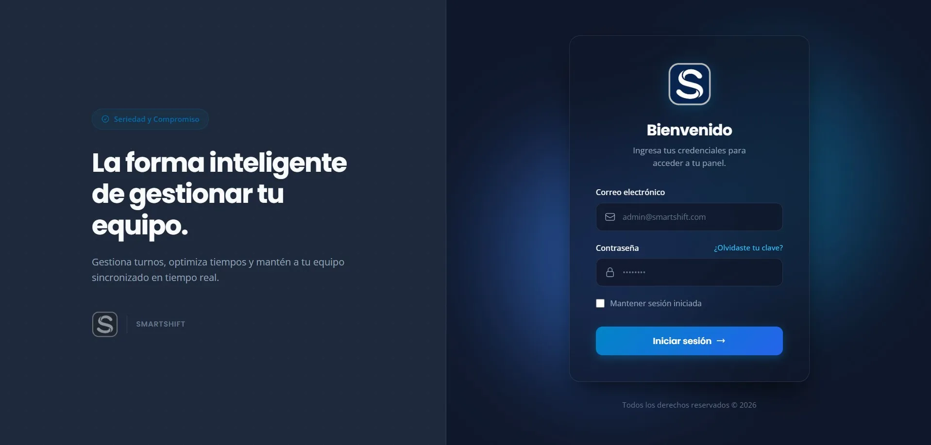 Captura de pantalla de la interfaz del sistema web SmartShift, mostrando el panel de administración de turnos de empleados