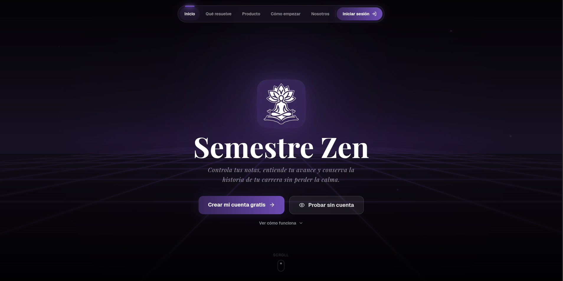 Captura de la aplicación web Semestre Zen, mostrando el dashboard principal con tarjetas de cálculo de notas